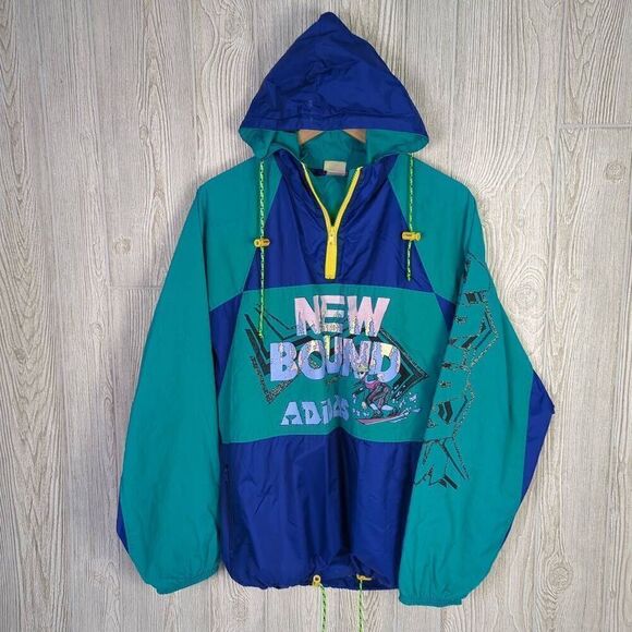 Vintage Adidas Mens Medium New Bound Anorak Jacket Streetwear Blue Green Hooded - Picture 1 of 12